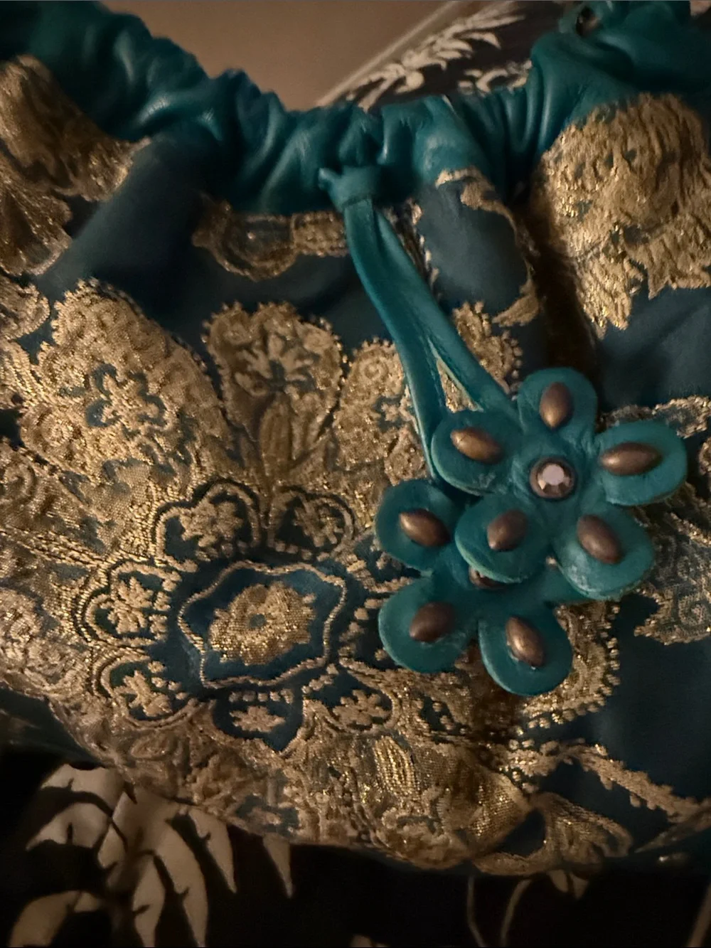 Isabella Fiore Teal Shoulder Bag with Gold Brocade